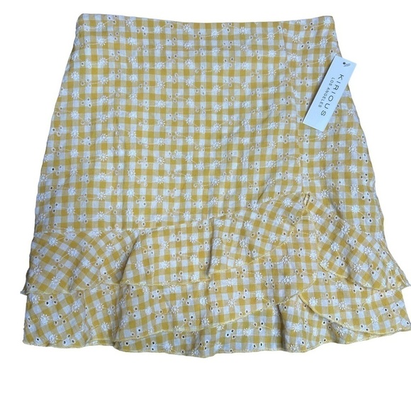 Kirious yellow checkered mini skirt floral NWT small - Picture 2 of 6